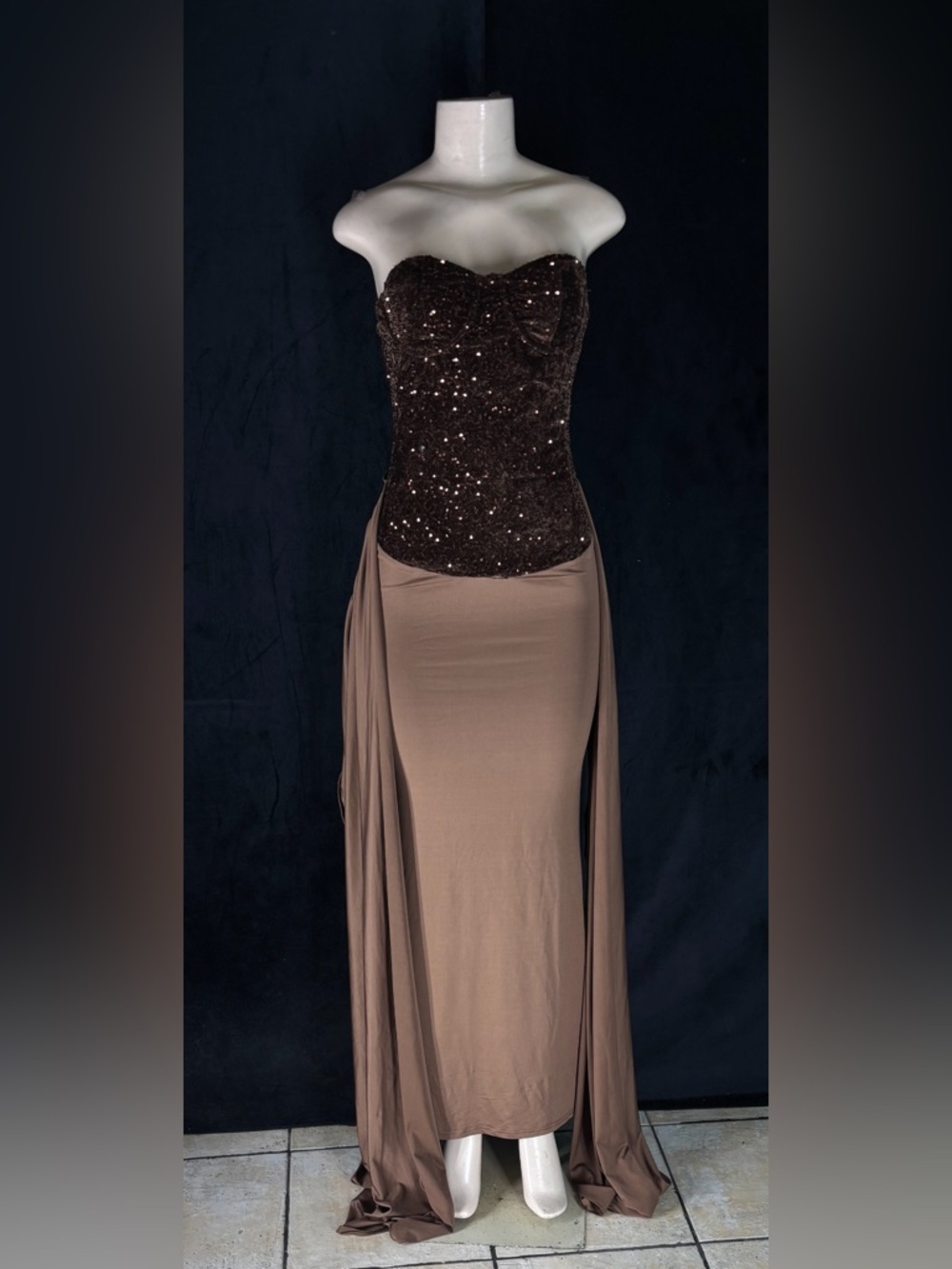 Strapless Brown Sequin Bustier Maxi Dress